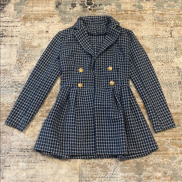 ‼️ Stylish Blue and White Plaid Coat with Gold Buttons ‼️ - Picture 1 of 3